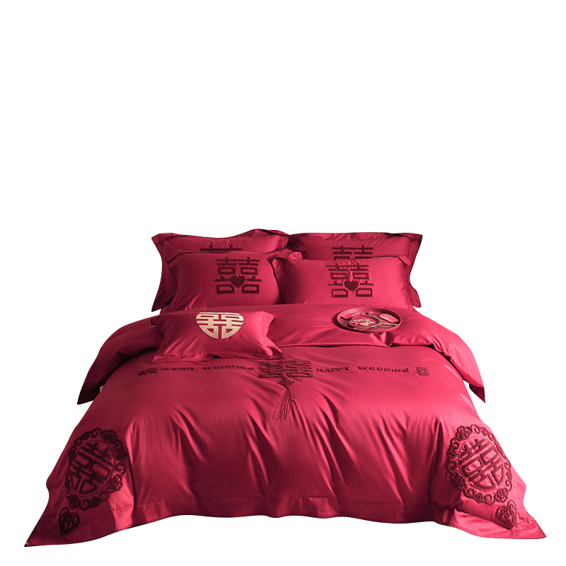 婚庆纯棉四件套毛巾绣中式大红色床单高档喜被套结婚房嫁床上用品,淘宝优惠券,粉丝福利购,淘宝优惠卷