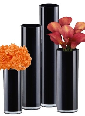 加厚高档黑色色料玻璃花瓶圆形直桶酒店婚庆路引水培桌面装饰花器