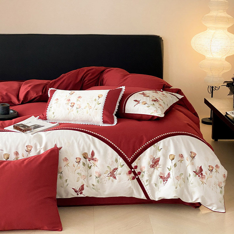 新中式婚庆床上四件套全棉100支长绒棉印花刺绣红色结婚被套床单,淘宝优惠券,粉丝福利购,淘宝优惠卷