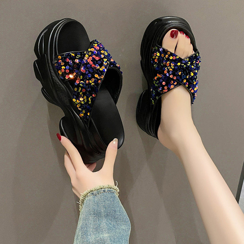 厚底拖鞋女时尚外穿2025夏季新款韩版增高小个子亮片交叉松糕凉拖,淘宝优惠券,粉丝福利购,淘宝优惠卷