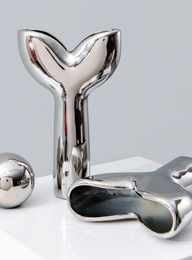 热销现代简约花器银色陶瓷花瓶摆件样板房售楼处客厅玄关轻奢鱼尾