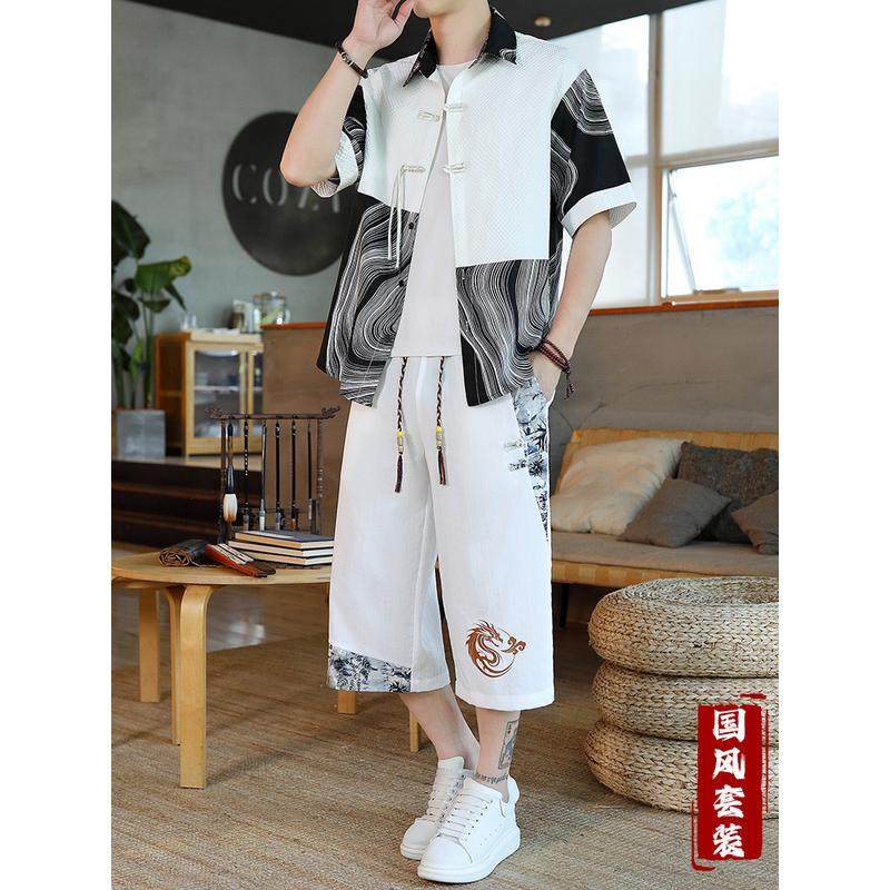 中国风衬衣男士夏季套装大码薄款新中式国潮拼色衬衫两件套男,淘宝优惠券,粉丝福利购,淘宝优惠卷
