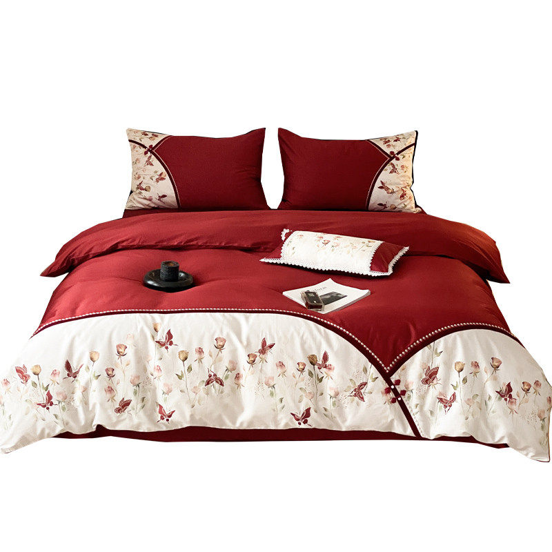 新中式婚庆床上四件套全棉100支长绒棉印花刺绣红色结婚被套床单,淘宝优惠券,粉丝福利购,淘宝优惠卷