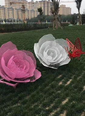 户外抽象景观创意花朵灯光白钢金属大摆件不锈钢镂空玫瑰造型雕塑
