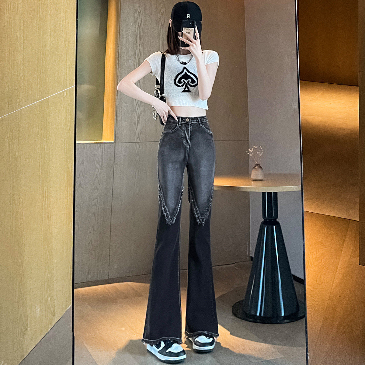 特大码300斤胖mm渐变灰女显瘦毛边拖地微喇叭阔腿长裤,淘宝优惠券,粉丝福利购,淘宝优惠卷