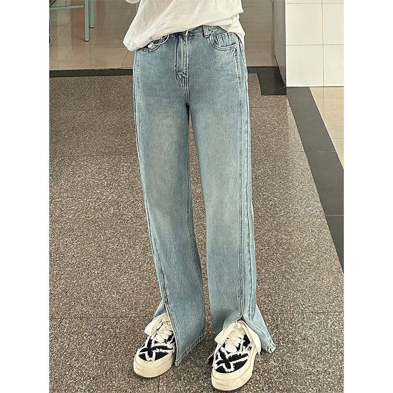 浅蓝色开叉女夏季新款胖妹妹mm宽松显瘦直筒阔腿长裤潮,淘宝优惠券,粉丝福利购,淘宝优惠卷