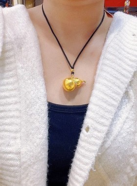古法黄金色大葫芦吊坠新中式福禄葫芦项链手工编织绳可调节毛衣链
