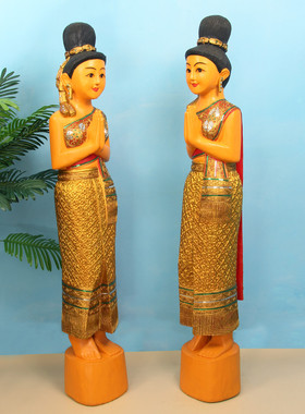 泰国迎宾侍女摆件东南亚风格装饰品泰式木雕人偶餐厅门口落地摆件