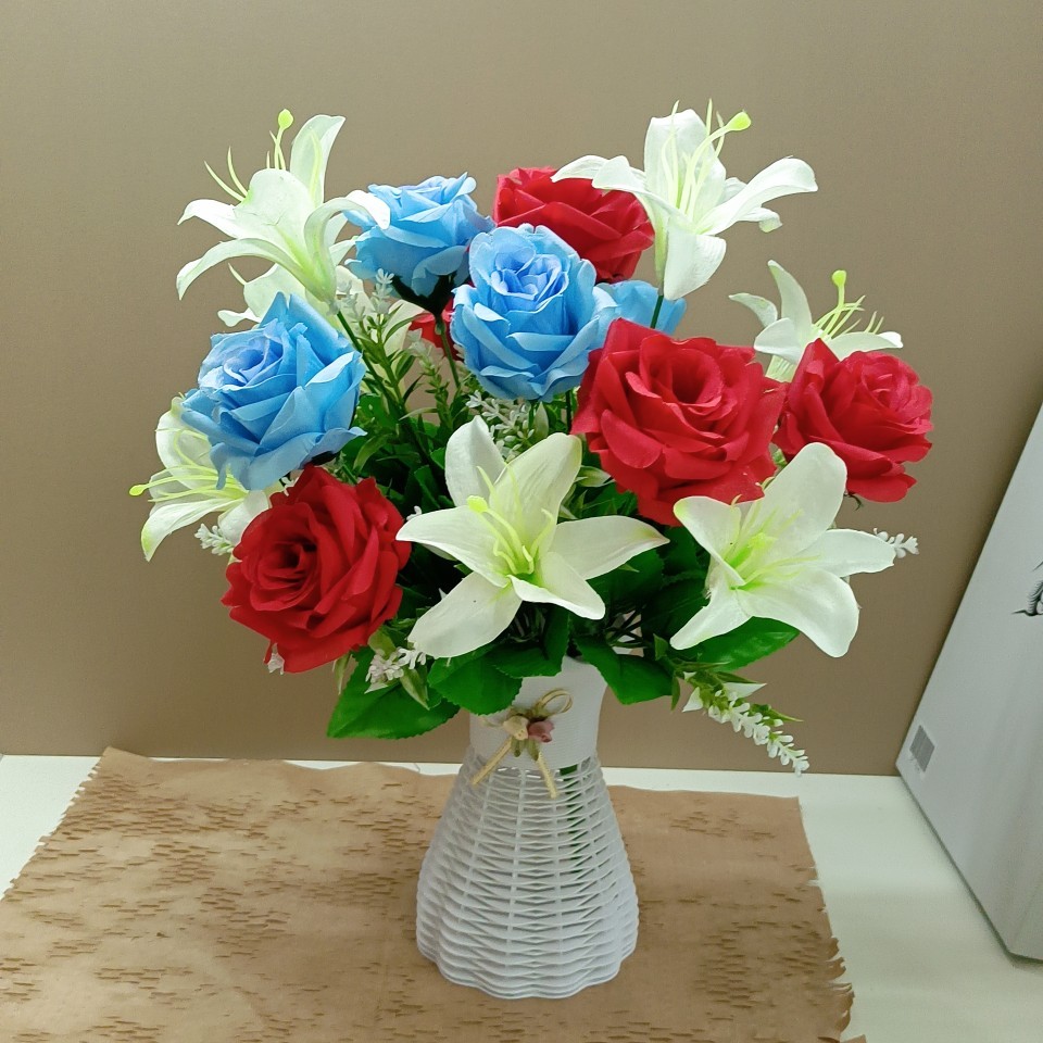 仿真花玫瑰百合花束花瓶套装室内客厅婚房餐厅茶几桌面装饰摆件 - 图1