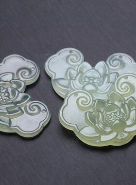 35x52mm天然岫玉荷花锁吊坠 DIY古风压襟璎珞毛衣链配饰