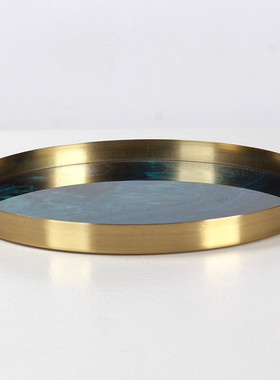 热销轻奢玛瑙纹金属托盘样板房间售楼处展厅客厅装饰品圆形收纳盘