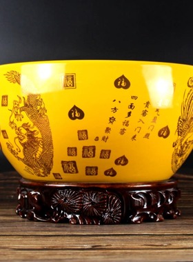 景德镇金黄色大号陶瓷聚宝盆招财聚财客厅仿古瓷器带根雕摆件底座