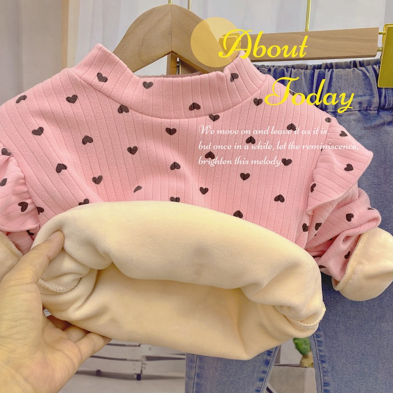 女童加绒小飞袖冬款打底衫宝宝冬季新品半高领加厚保暖休闲上衣潮