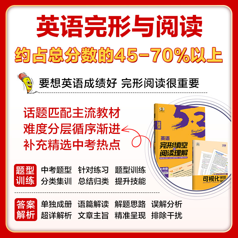 2025版53英语七年级八年级九年级完形填空与阅读理解组合训练 初一初二初三英语专项训练初中英语语法全解必考词听力五三完型填空 - 图1