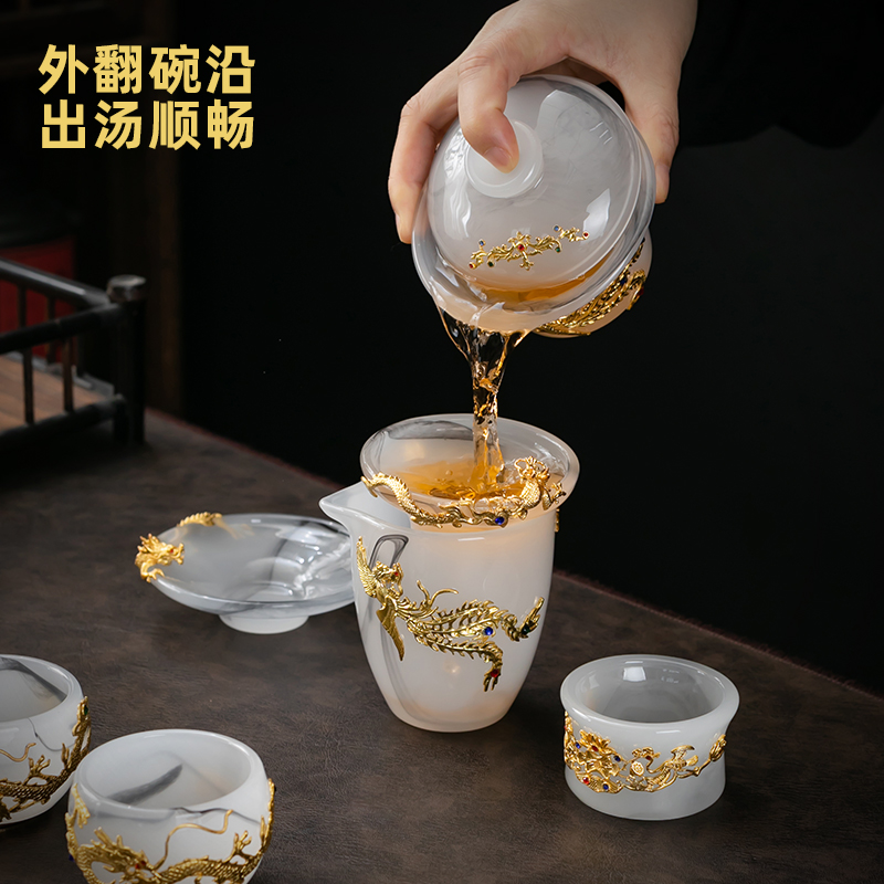 琉璃金饰功夫茶具套装中式简约家用客厅办公室泡茶壶盖碗茶杯刻字 - 图3