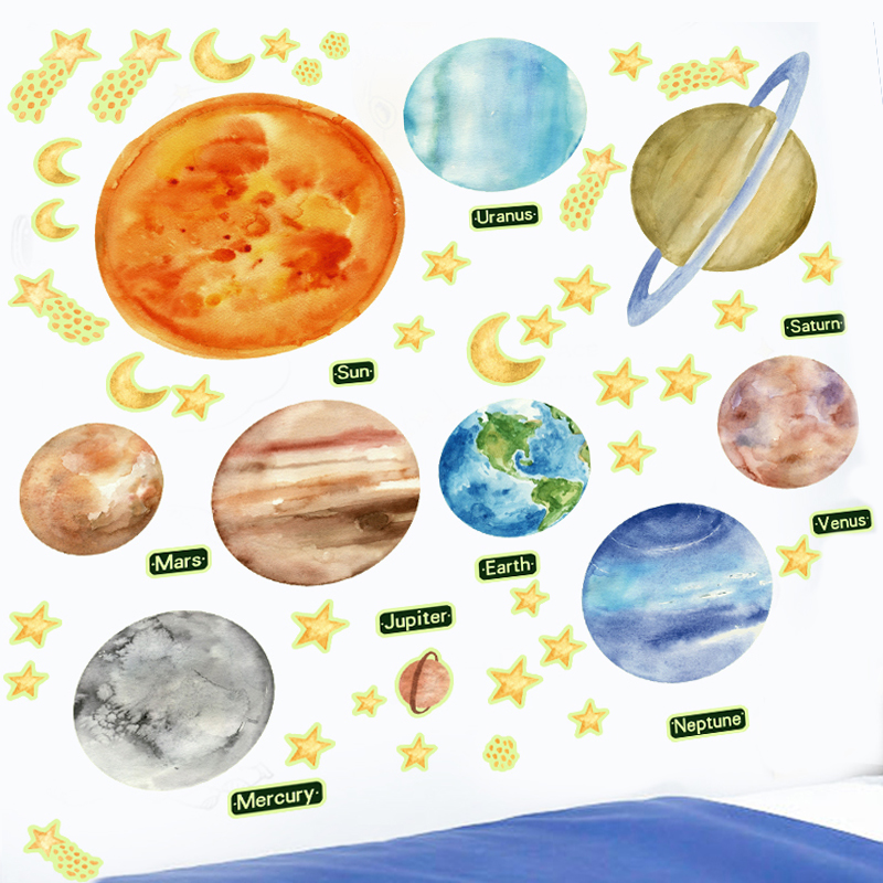 儿童房墙上星空发光夜光太空小物件星球墙贴纸无痕装饰贴画太阳系