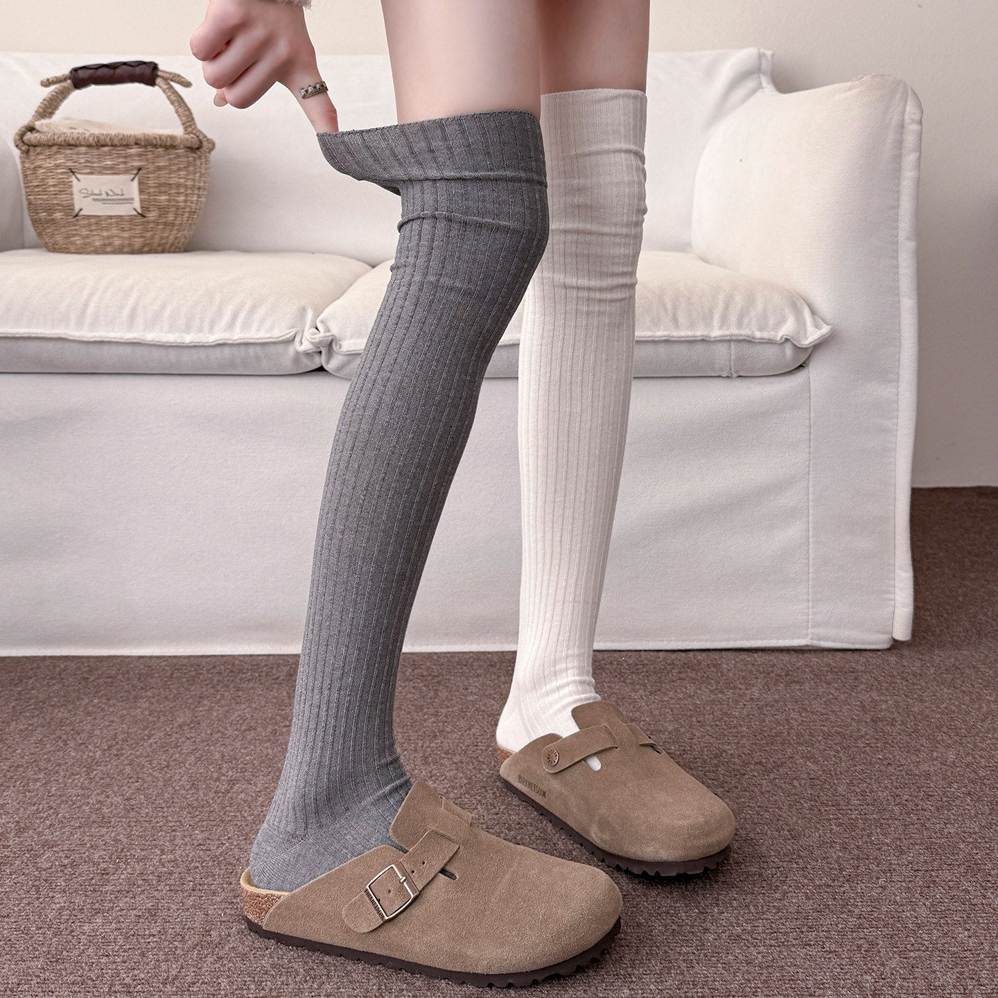 灰色过膝袜女秋冬堆堆袜配勃肯鞋冬季小腿袜长袜白色长筒袜配靴子,淘宝优惠券,粉丝福利购,淘宝优惠卷