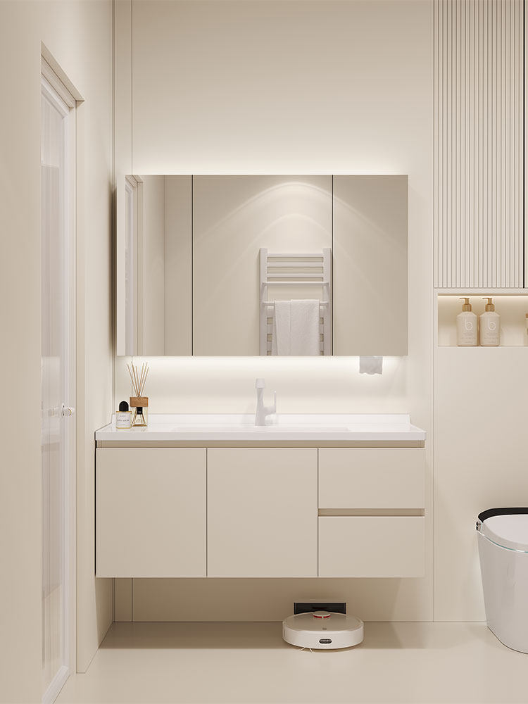 轻奢肤感一体盆浴室柜镜柜组合奶油风卫生间洗手池智能收纳洗脸盆