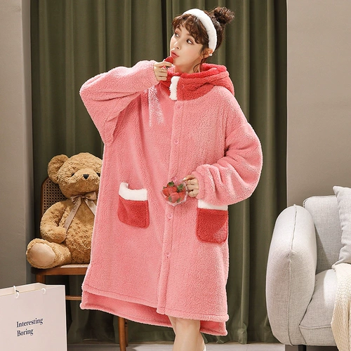 Коралловая бархатная демисезонная утепленная пижама с капюшоном, милый удерживающий тепло банный халат, 2021 года