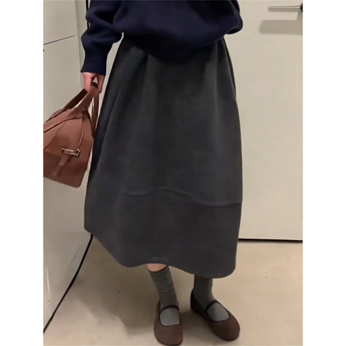 深灰色毛呢花苞裙女春秋季新款高腰a字加厚半身裙中长款蓬蓬长裙 - 图2