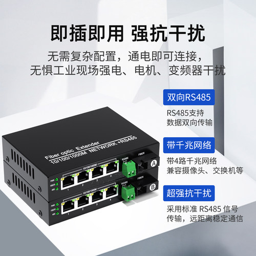 阿卡斯电子 4路千兆网络光端机带RS485双向数据光纤收发器数字光端机网络数据光电转换器SC光口道路数据传输 - 图0