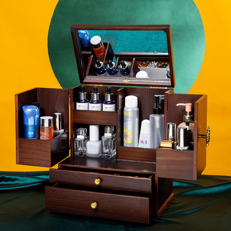 实木化妆品收纳盒梳妆台大容量高档精致护肤品口红面膜整理收纳箱,淘宝优惠券,粉丝福利购,淘宝优惠卷