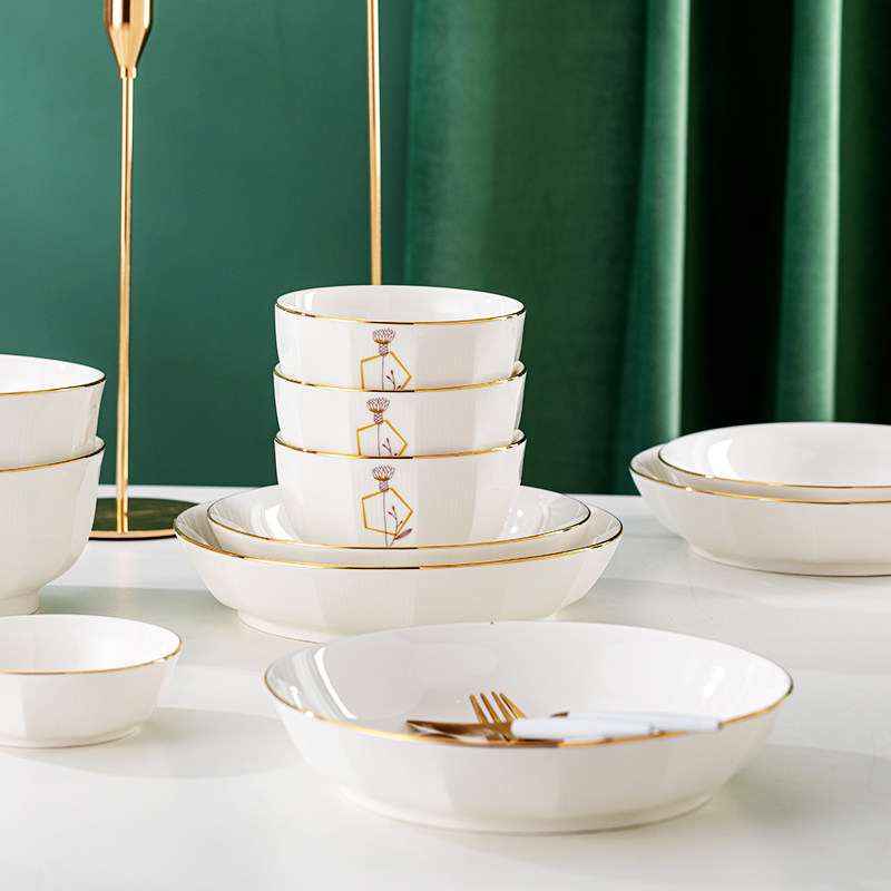 家用盘子菜盘新款好看金边陶瓷餐具大容量加厚装菜深盘过年盘子,淘宝优惠券,粉丝福利购,淘宝优惠卷