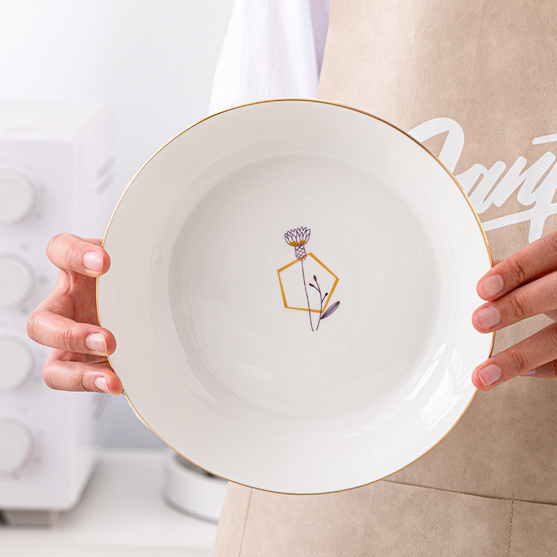 家用盘子菜盘新款好看金边陶瓷餐具大容量加厚装菜深盘过年盘子,淘宝优惠券,粉丝福利购,淘宝优惠卷