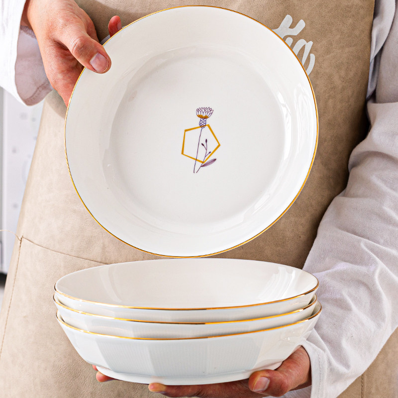 家用盘子菜盘新款好看金边陶瓷餐具大容量加厚装菜深盘过年盘子,淘宝优惠券,粉丝福利购,淘宝优惠卷