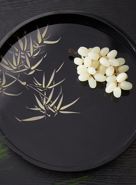 新中式古典风竹影林涧木质黑色圆形托盘茶几收纳茶盘软装氛围布置