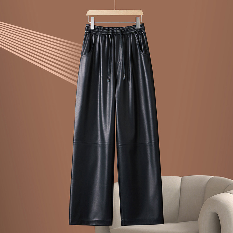 真皮皮裤女九分裤2025秋季新款松紧高腰绵羊皮阔腿裤宽松直筒裤子,淘宝优惠券,粉丝福利购,淘宝优惠卷