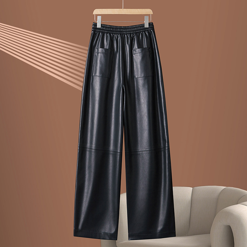 真皮皮裤女九分裤2025秋季新款松紧高腰绵羊皮阔腿裤宽松直筒裤子,淘宝优惠券,粉丝福利购,淘宝优惠卷