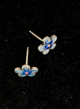 天然S925银五叶草烧蓝小花朵耳钉