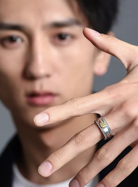 纯银本命佛心经戒指男士单身戒刻