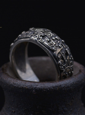 神兽饕餮开口戒指S925纯银指环个