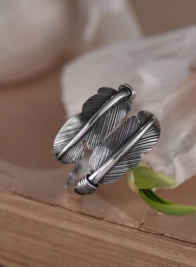 S925纯银潮流羽毛开口戒指男女个