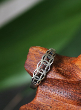 纯银s925做旧铜钱古币镂空转招饰