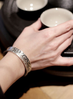 祥云心经纯银手镯手工大气雕花复