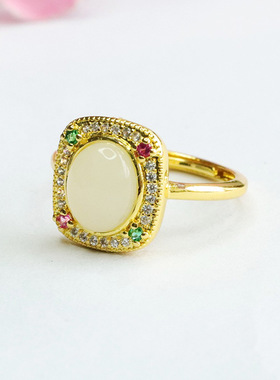 天然和田白玉蛋面众星捧月戒指纯