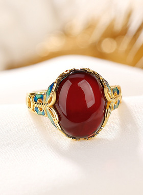 天然血珀蛋面戒指S925纯银镀金景