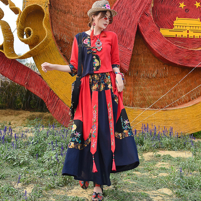 中国风连衣裙夏棉麻复古半身裙子 媚娇兰大码女装