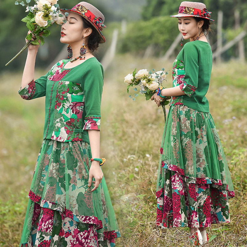 民族风连衣裙t恤棉麻复古半身裙 媚娇兰大码女装