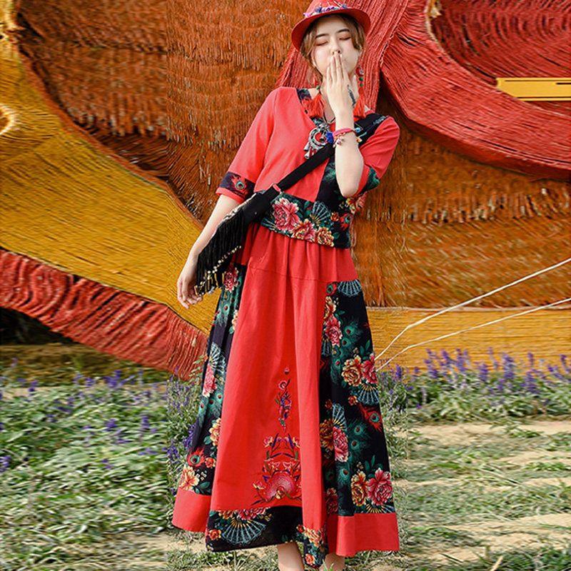 中国风连衣裙夏碎花半身裙子女t恤 媚娇兰大码女装