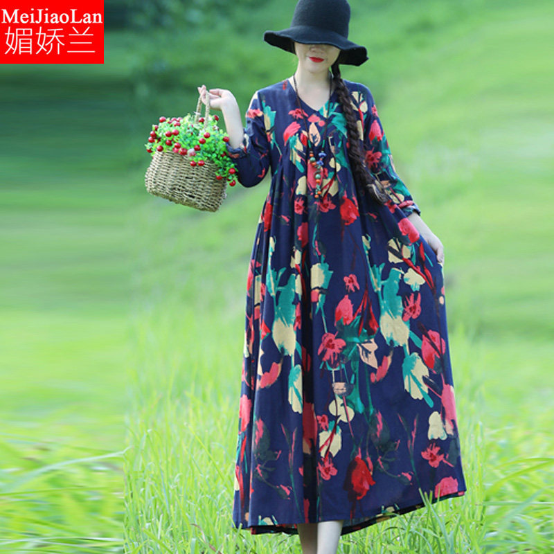 秋冬胖mm v领棉麻长袖过膝连衣裙 媚娇兰大码女装