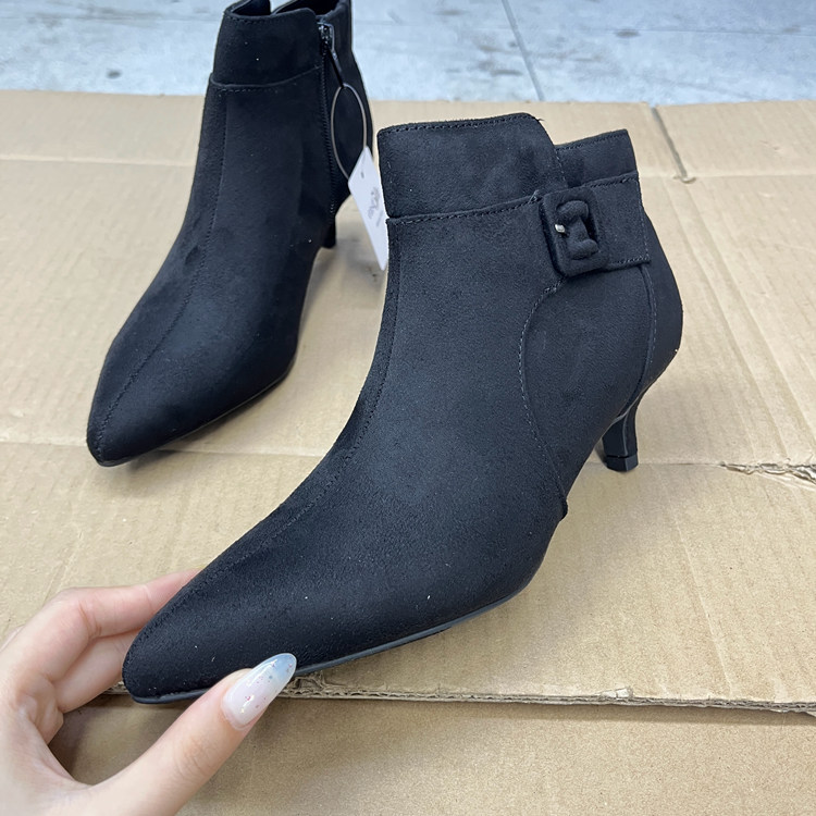 外贸原单女靴新款时尚尖头纯色细高跟皮带扣侧拉链时装短靴及踝靴 - 图2