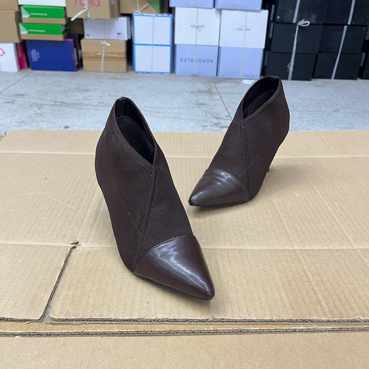 外贸原单女鞋时尚shoes尖头纯色拼接细高跟针织裸靴一脚蹬单鞋,淘宝优惠券,粉丝福利购,淘宝优惠卷