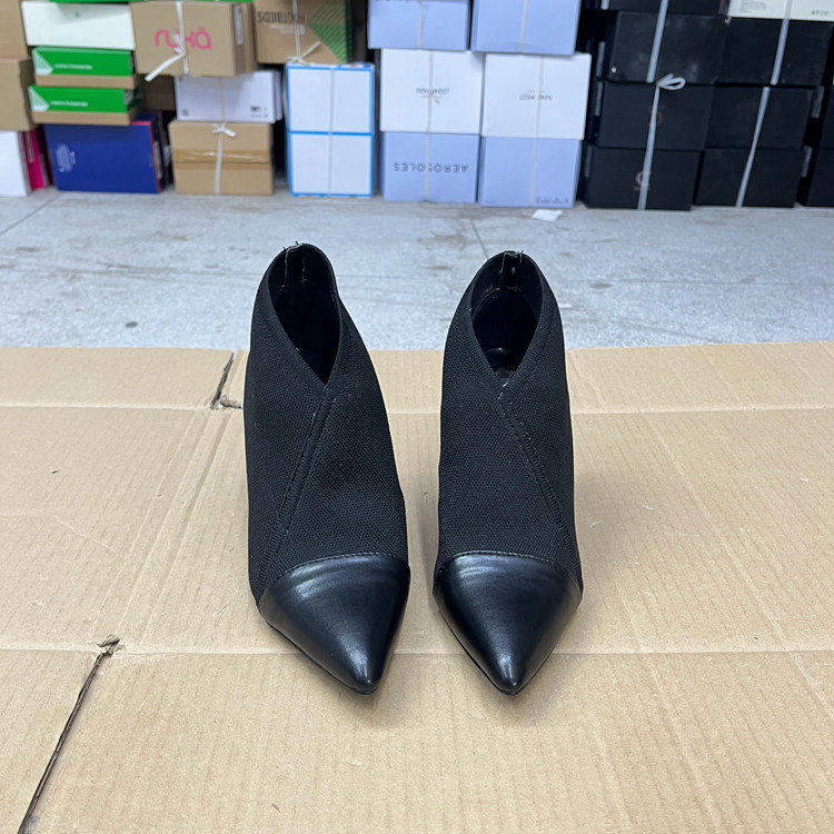 外贸原单女鞋时尚shoes尖头纯色拼接细高跟针织裸靴一脚蹬单鞋,淘宝优惠券,粉丝福利购,淘宝优惠卷