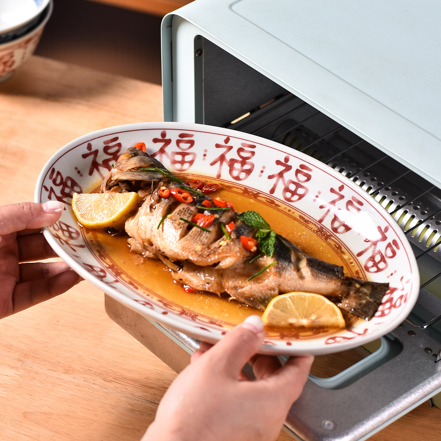 中式陶瓷鱼盘家用2025新款大号福字蒸鱼盘装鱼碟子釉下彩蒸鱼盘子,淘宝优惠券,粉丝福利购,淘宝优惠卷