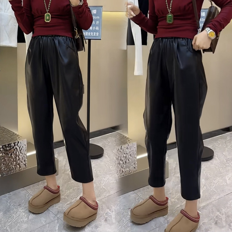 欧货秋冬pu皮裤女松紧腰简约宽松百搭哈伦裤柔软舒适休闲九分裤潮,淘宝优惠券,粉丝福利购,淘宝优惠卷