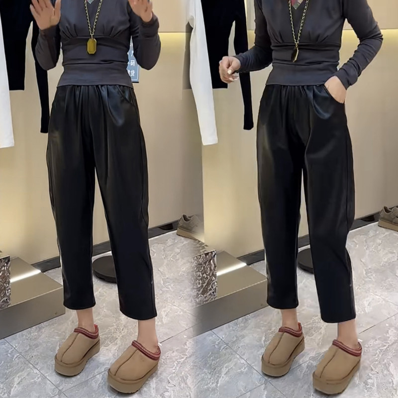 欧货秋冬pu皮裤女松紧腰简约宽松百搭哈伦裤柔软舒适休闲九分裤潮,淘宝优惠券,粉丝福利购,淘宝优惠卷